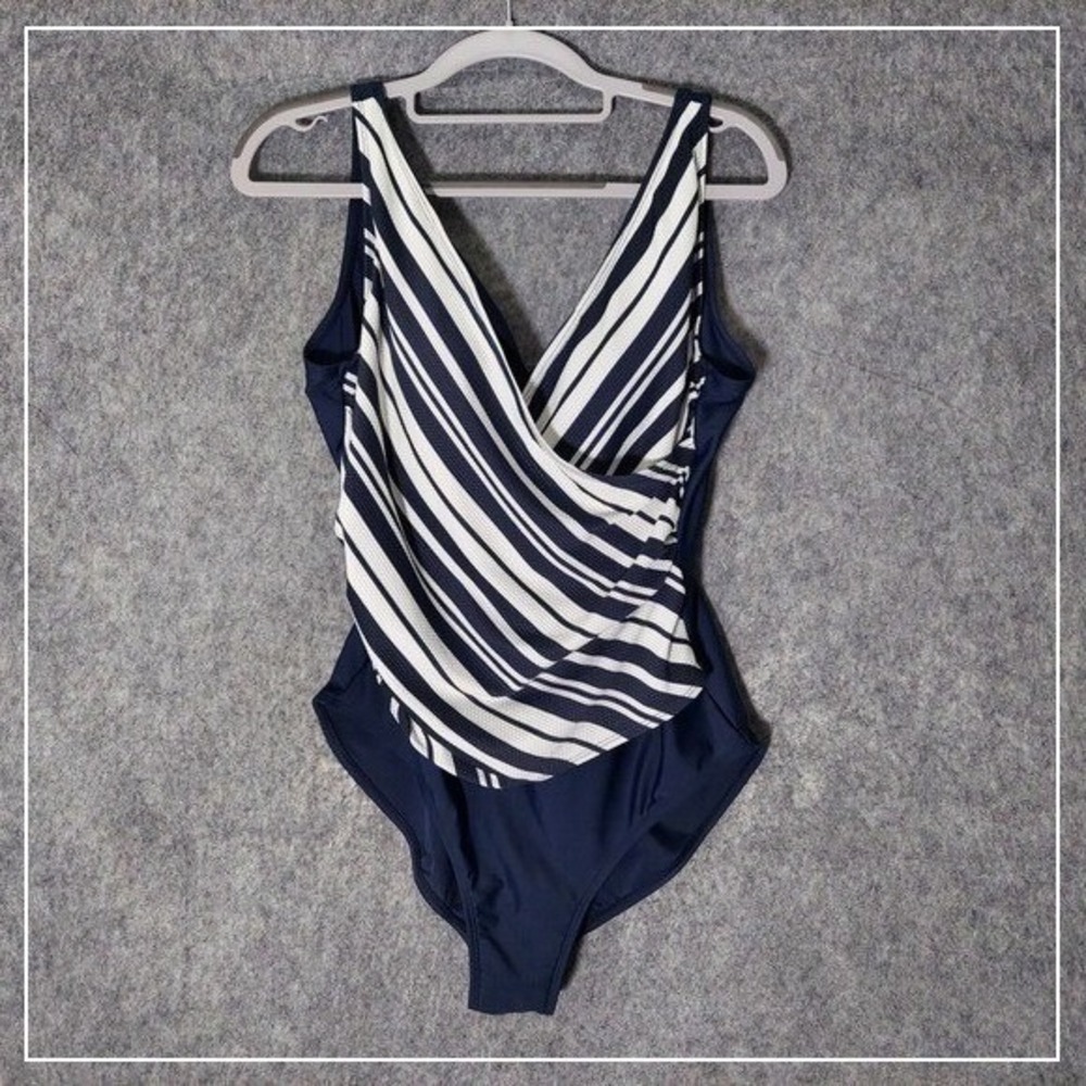 Kensie Women Swimsuit M Blue Wrap One Piece Striped Nautical Coastal Resort